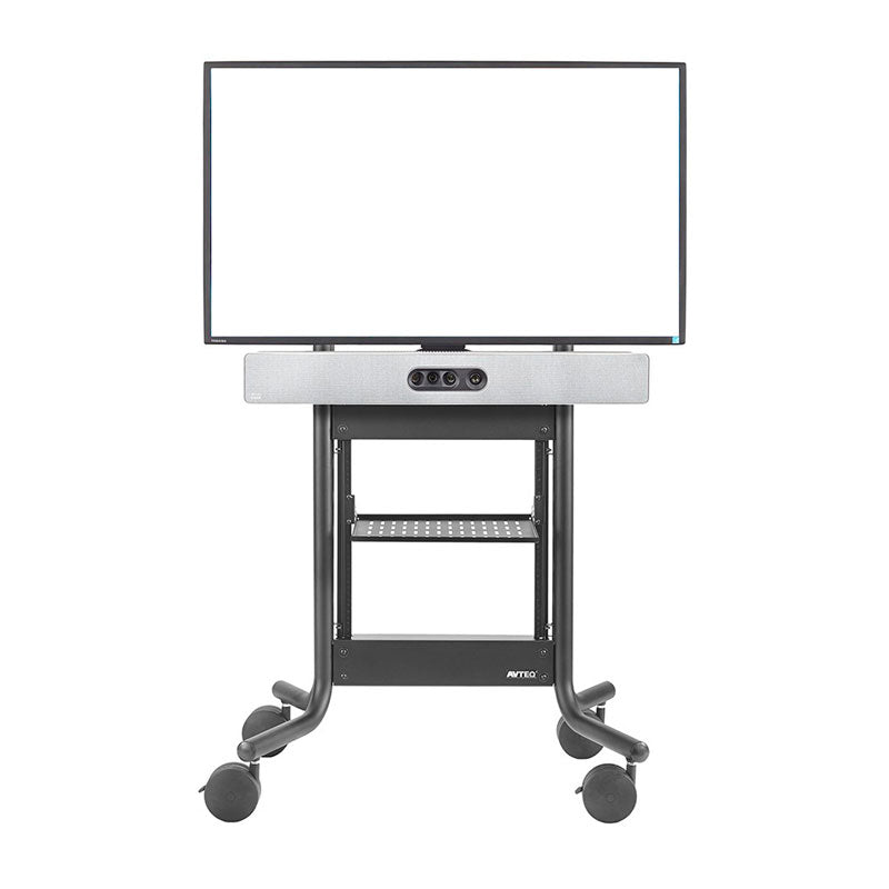 iCartTX Cisco Room Kit Mount CRK-BLW-48, mobile display stand with soundbar shelf front view