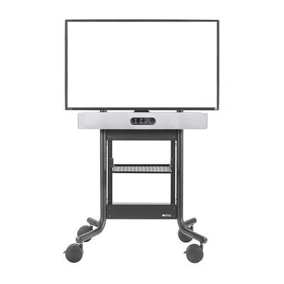 iCartTX Cisco Room Kit Mount CRK-BLW-48, mobile display stand with soundbar shelf front view