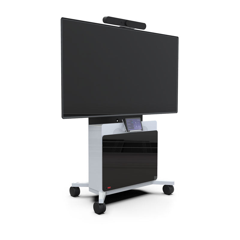iCartTX Logitech Cradle LTAP-MNTKIT, mobile display cart front three-quarter view with camera