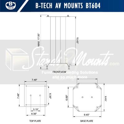 B-Tech Atlas Speaker Stands BT608/B, display stand pole and base dimensions diagram