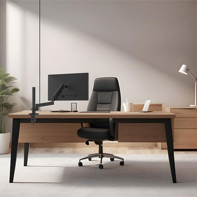 B-Tech Flex Solo Full Motion Desk Mount BT7351/B, single-monitor desk mount installed in home office
