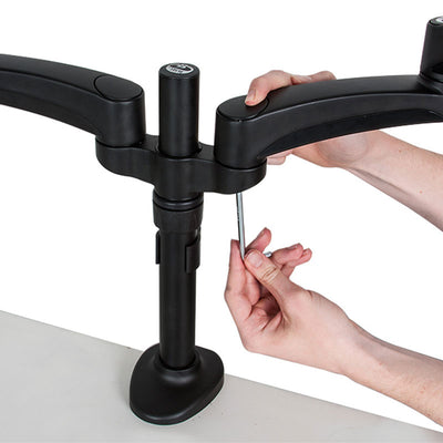 B-Tech Dual Monitor Desk Mount BT7374/B, tool-free dual-monitor arm adjustment demonstration