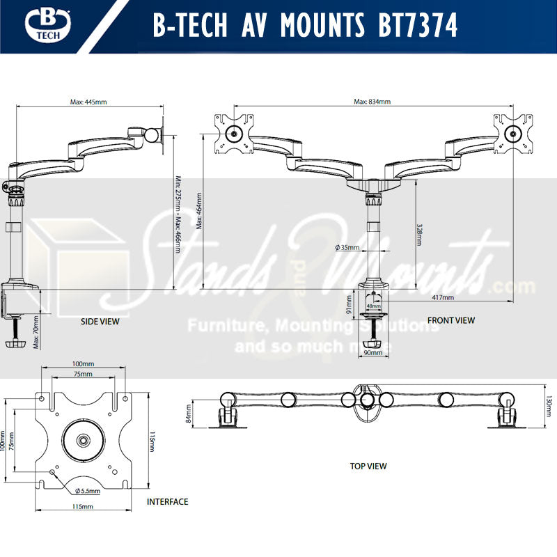 B-Tech Dual Monitor Desk Mount BT7374/B, dual-monitor desk mount technical dimensions from multiple views