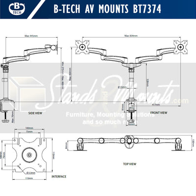 B-Tech Dual Monitor Desk Mount BT7374/B, dual-monitor desk mount technical dimensions from multiple views