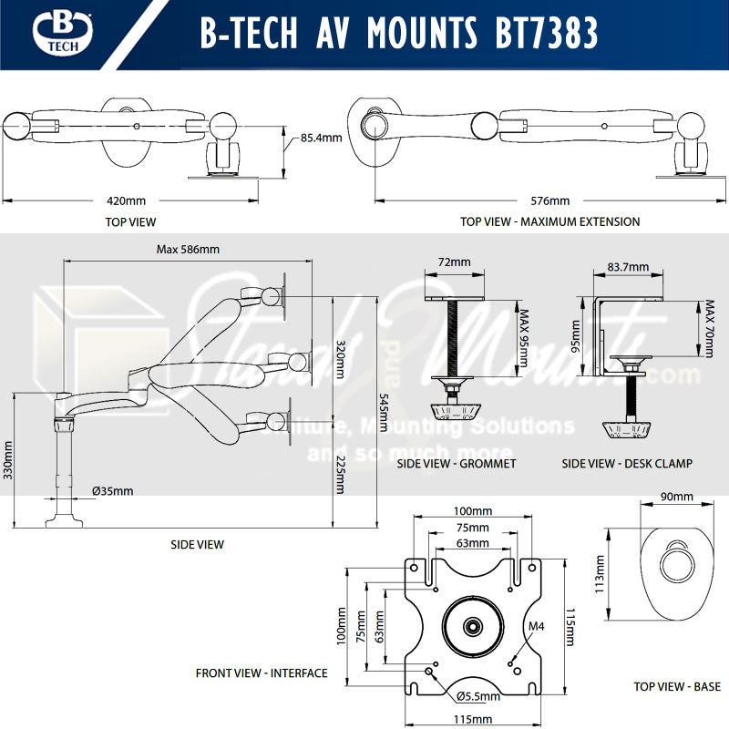 B-Tech Monitor Desk Mount BT7383/B, desk monitor arm dimensions diagram