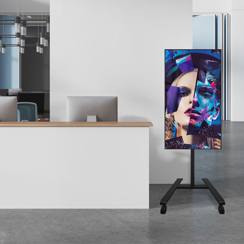 B-Tech Momentum One Mobile Medium TV Cart BT7504/B, portrait mobile display cart installed in lobby
