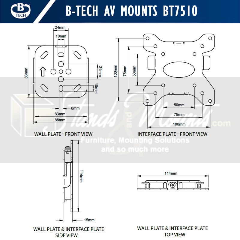 B-Tech Small Ultra-Slim Fixed TV Wall Mount BT7510/B, compact television wall mount dimensions diagram