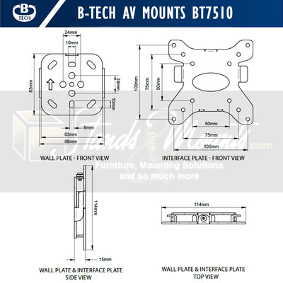 B-Tech Small Ultra-Slim Fixed TV Wall Mount BT7510/B, compact television wall mount dimensions diagram