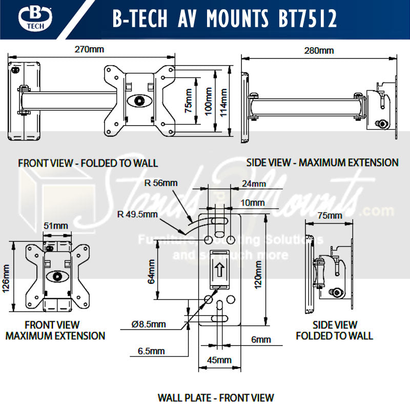 B-Tech Small Single Arm TV Wall Mount BT7512/PB, articulating display wall mount dimensions diagram