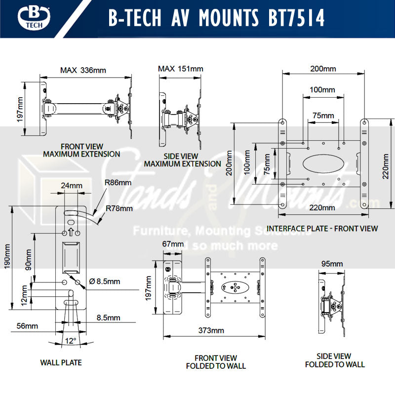 B-Tech Medium Single Arm TV Wall Mount BT7514/PB, articulating TV wall mount dimensions diagram