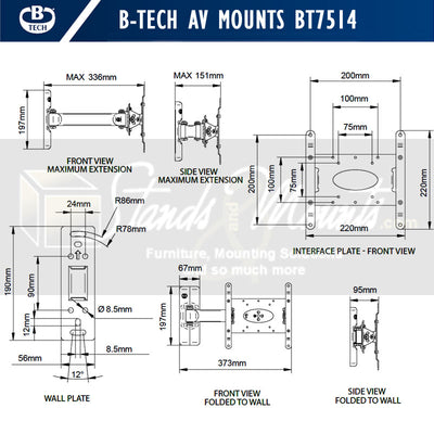 B-Tech Medium Single Arm TV Wall Mount BT7514/PB, articulating TV wall mount dimensions diagram
