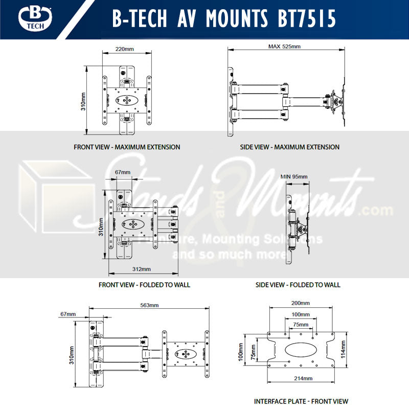 B-Tech Medium Dual Arm TV Wall Mount BT7515/PB, articulating television wall mount technical dimensions diagram