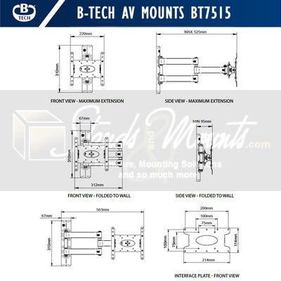 B-Tech Medium Dual Arm TV Wall Mount BT7515/PB, articulating television wall mount technical dimensions diagram