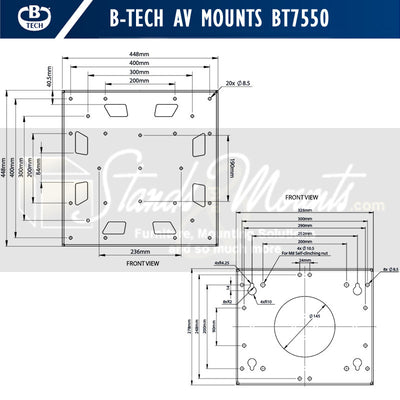 B-Tech Large TV Mount Rotating Landscape to Portrait BT7550/B, ceiling display mount plate dimensions diagram