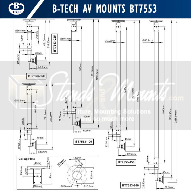 B-Tech Small TV Ceiling or Desk Mount BT7553-200/BB, ceiling monitor pole mount dimensions diagram