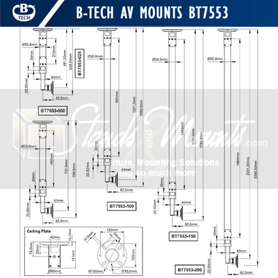 B-Tech Small TV Ceiling or Desk Mount BT7553-200/BB, ceiling monitor pole mount dimensions diagram