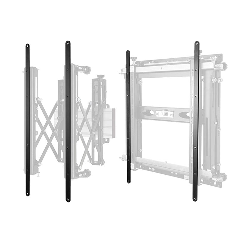 B-Tech Interface Adapter Arms BT7564/B, pull-out video wall mount in closed and extended side views