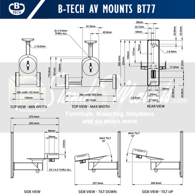 B-Tech Side Clamp Speaker Wall Mounts BT77/W, speaker wall mount accessory shelf dimensions diagram