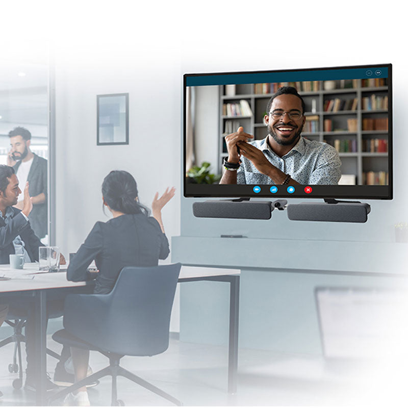 B-Tech VESA Mounting Kit BT7876/B, soundbars mounted above and below a video conference display