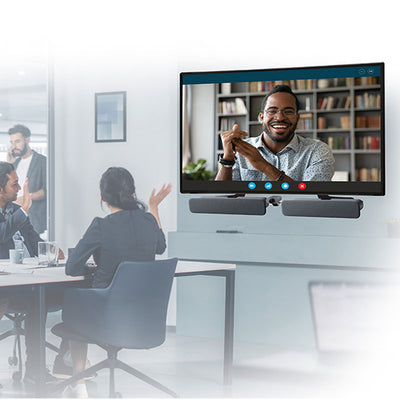 B-Tech VESA Mounting Kit BT7876/B, soundbars mounted above and below a video conference display