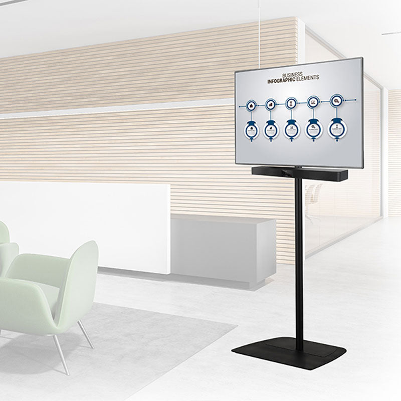 B-Tech Mounting Plate BT7877/B, touchscreen kiosk floor stand in modern lobby