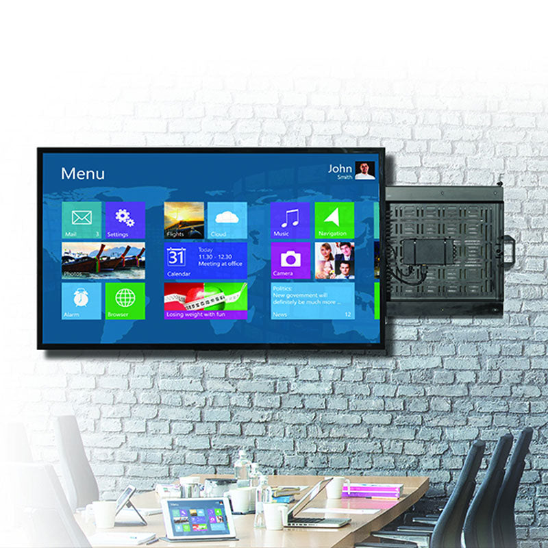 B-Tech Large Fixed TV Wall Mount with Slide-Out Storage Tray BT7883/B, pull-out video wall mount installed office view