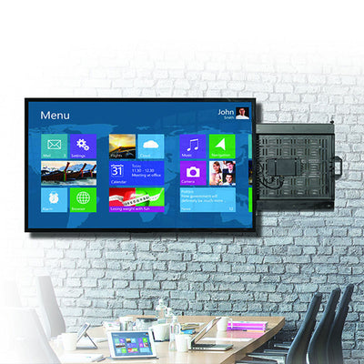B-Tech Large Fixed TV Wall Mount with Slide-Out Storage Tray BT7883/B, pull-out video wall mount installed office view