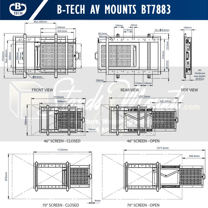 B-Tech Large Fixed TV Wall Mount with Slide-Out Storage Tray BT7883/B, pull-out video wall mount dimensions diagram
