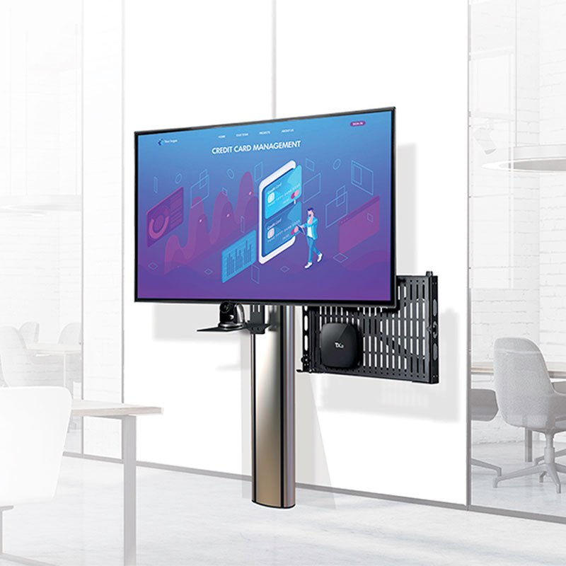 B-Tech Flip-Down AV Storage Tray BT7884/B, mounted display with side equipment basket