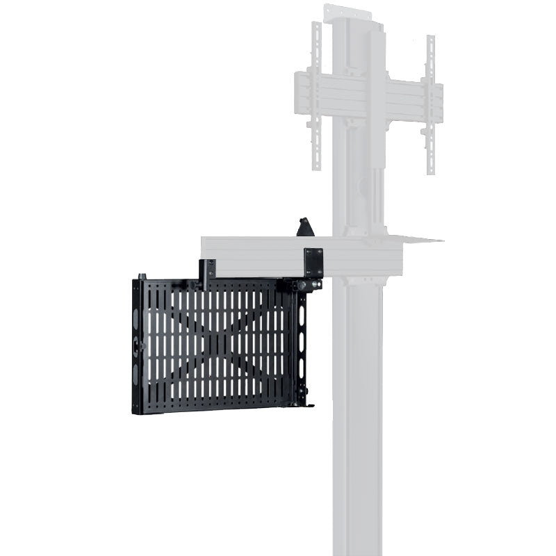 B-Tech Flip-Down AV Storage Tray BT7884/B, swing-out equipment basket extended from column
