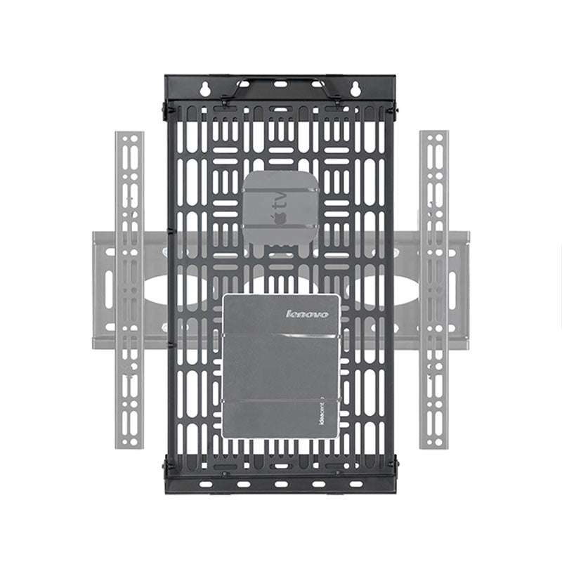 B-Tech Wall Mounted AV Storage Tray BT7889/B, media device wall mount with components front view