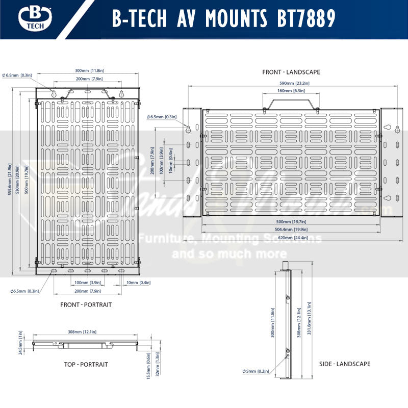 B-Tech Wall Mounted AV Storage Tray BT7889/B, media device wall mount dimensions diagram