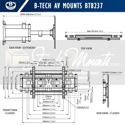 B-Tech Heavy Duty XL Dual Arm TV Wall Mount BT8237/B, articulating TV wall mount dimensions diagram