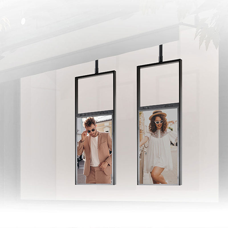 B-Tech System 2 Pole Adapter BT8327/B, dual ceiling-suspended displays installed retail view