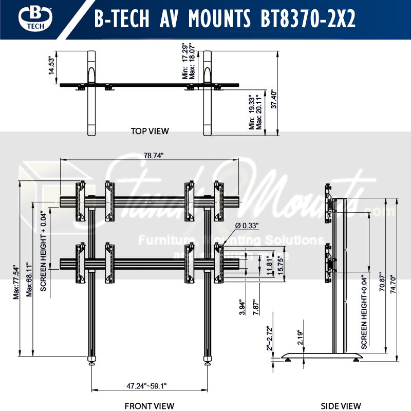 B-Tech Freestanding Video Wall Stand BT8370-2x2/BB, dual-pole floor stand technical dimensions