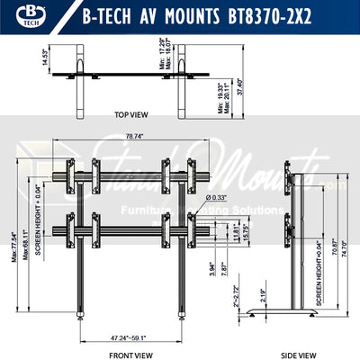 B-Tech Freestanding Video Wall Stand BT8370-2x2/BB, dual-pole floor stand technical dimensions