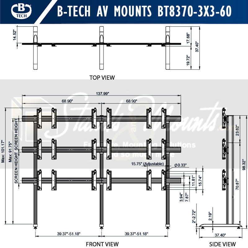 B-Tech Freestanding Video Wall Stand BT8370-3x3-60/BB, multi-display floor stand dimensions diagram
