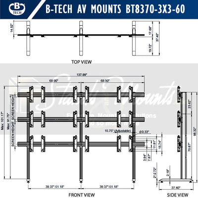 B-Tech Freestanding Video Wall Stand BT8370-3x3-60/BB, multi-display floor stand dimensions diagram