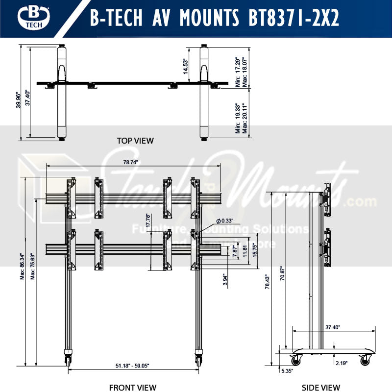 B-Tech Mobile Video Wall Cart BT8371-2x2/BB, six-display video wall stand dimensions diagram