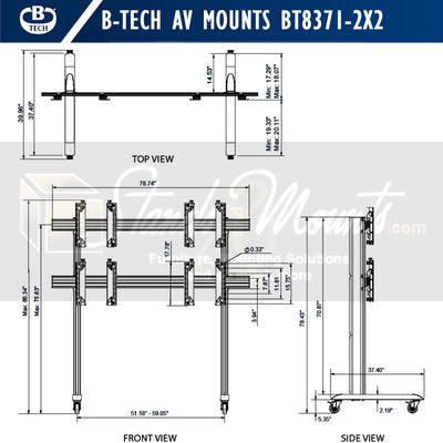 B-Tech Mobile Video Wall Cart BT8371-2x2/BB, six-display video wall stand dimensions diagram