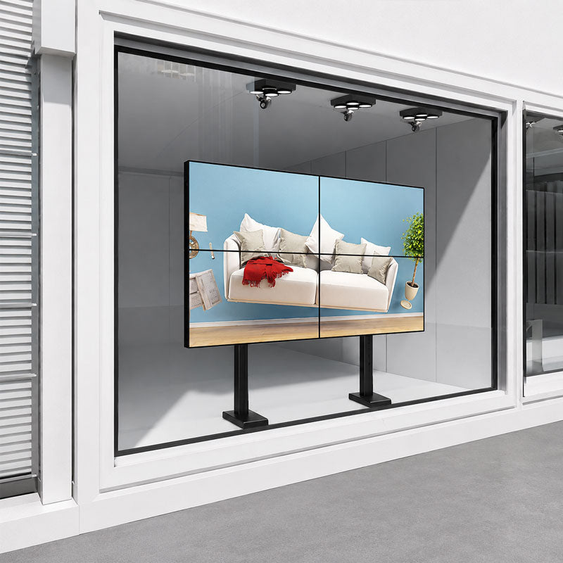 B-Tech Bolt Down Video Wall BT8377/B, dual-display floor stand installed storefront view