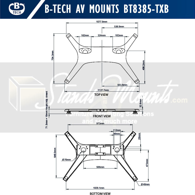 B-Tech Mode-AL Freestanding Floor Base BT8385-TXB/B, dual-pole display stand base dimensions diagram