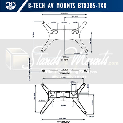 B-Tech Mode-AL Freestanding Floor Base BT8385-TXB/B, dual-pole display stand base dimensions diagram