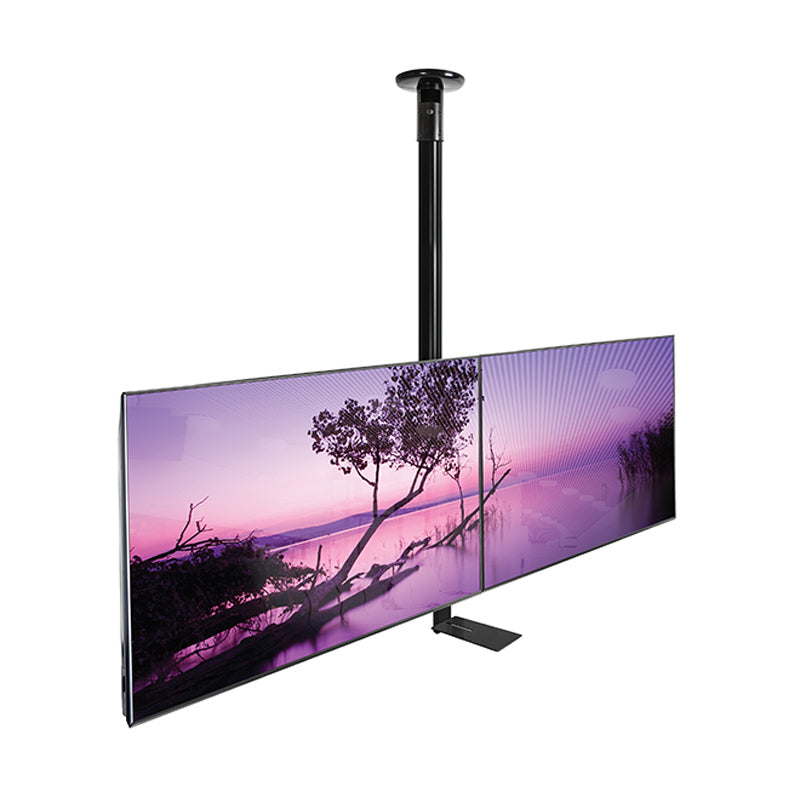 B-Tech System X Rail Accessory Mounting Arm BT8390-SA/B, triple-display floor-to-ceiling stand installed