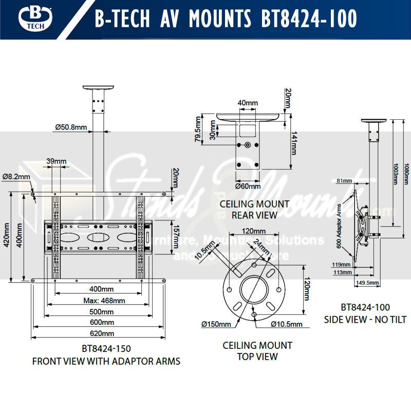 B-Tech Large Universal TV Ceiling Mount BT8424-100/B, projector ceiling mount technical dimensions
