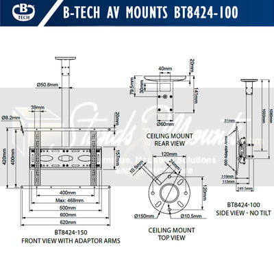 B-Tech Large Universal TV Ceiling Mount BT8424-100/B, projector ceiling mount technical dimensions