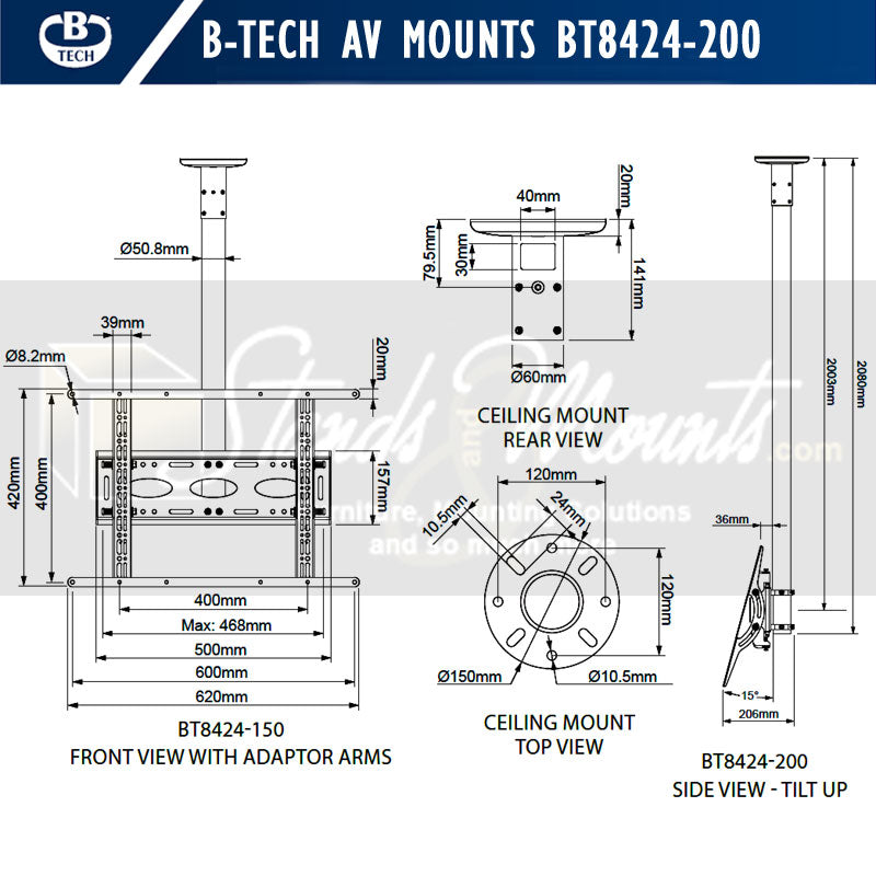 B-Tech Large Universal TV Ceiling Mount BT8424-200/B, ceiling display mount dimensions diagram