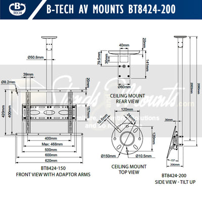 B-Tech Large Universal TV Ceiling Mount BT8424-200/B, ceiling display mount dimensions diagram