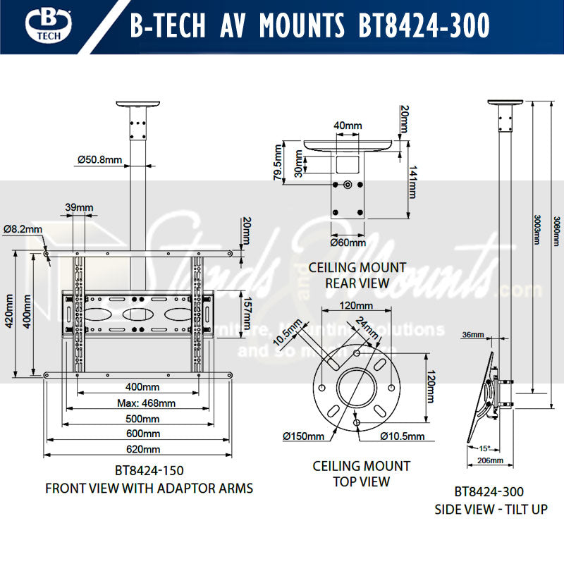 B-Tech Large Universal TV Ceiling Mount BT8424-300/B, ceiling display mount dimensions diagram