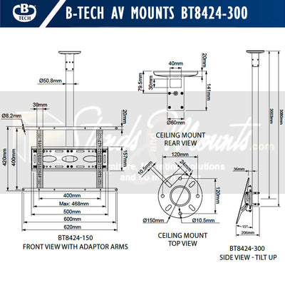 B-Tech Large Universal TV Ceiling Mount BT8424-300/B, ceiling display mount dimensions diagram